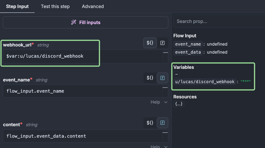 Populating the webhook_url input